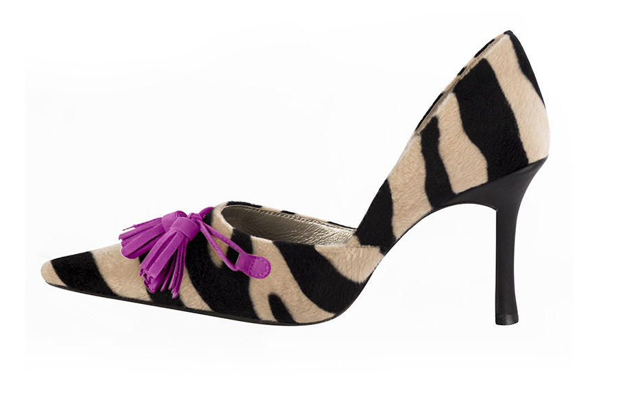 French elegance and refinement for these safari black and mauve purple open arch dress pumps, 
                available in many subtle leather and colour combinations. The open cut of the sides and the very pointed end will remind you of the "Italian Touch"
For fans of originality. 
                Matching clutches for parties, ceremonies and weddings.   
                You can customize these shoes to perfectly match your tastes or needs, and have a unique model.  
                Choice of leathers, colours, knots and heels. 
                Wide range of materials and shades carefully chosen.  
                Rich collection of flat, low, mid and high heels.  
                Small and large shoe sizes - Florence KOOIJMAN